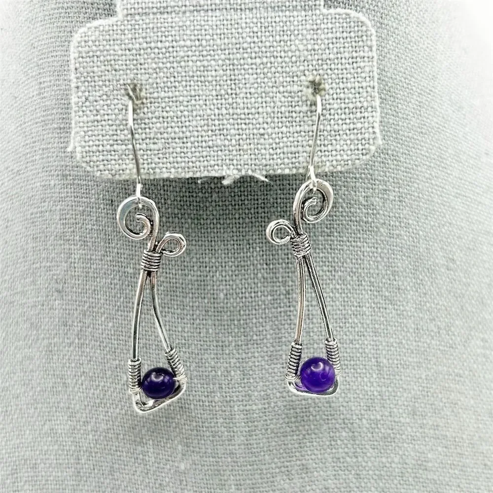 Fun Whimsical Curved Silver Tone Long Dangle Earrings Purple Beaded Bow Knot